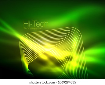 Escuadrones de contorno neón brillantes en efecto mágico de luz oscura, plancha mínima geométrica. Ilustración del vector
