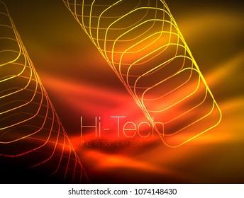 Neon glowing outline squares in dark, shiny light magic effect, geometric minimal template. Vector illustration
