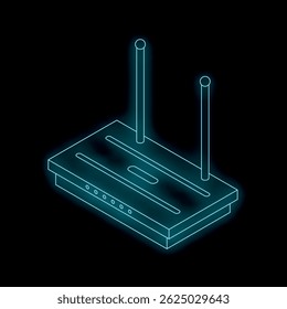 Neon glowing outline of a wifi router, with two antennas, sitting on a black background