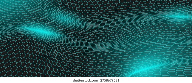 A neon glowing perspective honeycomb grid with sky-blue hexagons. An abstract geometric fiber pattern featuring a descending grid. Vector graphics for modern packaging, wallpaper, and branding
