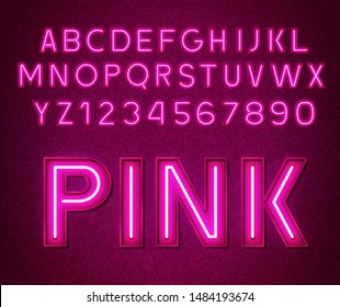 Neon Glowing Pink 3d Letters And Numbers On A Dark Background.