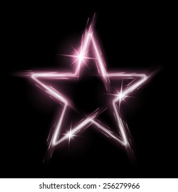 Neon glowing pink star with reflection in space