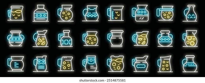 Neon glowing pitcher icons showing various styles and contents, perfect for bar or restaurant menu design