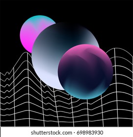 Neon glowing planets with warped grid on dark background. Retrowave Illustration.