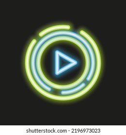 Neon glowing play button, music sign, arrow moving forward, design for mobile apps, websites, music players etc.