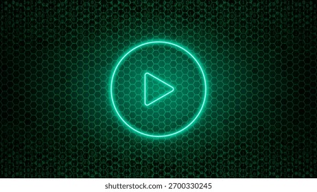 Botón de juego brillante de neón. Prensa de jugar en el fondo de panales modernos. Los Botones de juego brillante firman para los medios de transmisión en vivo. Icono de tecnología futurista. Ilustración vectorial
