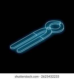 Neon glowing pliers tool icon viewed in isometric perspective on a black background