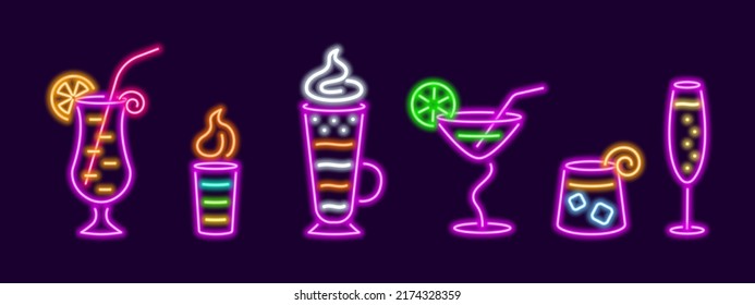 Neon glowing popular cocktails. Flaming B52 with irish cream with figured foam in glass cup. Elite champagne with bubbles in glass. Bright pina colada with pineapple vector wedge