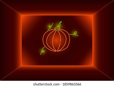 Neon glowing pumpkin sign on dar background softly illuminated with bright orange glow