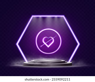 Neon glowing purple heart with arrow on modern circular podium, futuristic hexagonal frame, spotlight, and smoke on dark background, symbolizing love, romance, and technology.