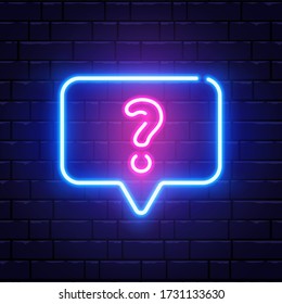 Neon glowing question mark. Quiz neon banner. Color neon frame on brick wall. Realistic bright night signboard. Shining neon speech bubble. Vector illustration.