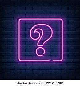 Marca de interrogación Neon brillante. Banner de prueba de neón. Color neón marco en la pared de ladrillo. Cartel de noche brillante realista. Ilustración vectorial.