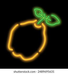 Neon glowing quince dessert fruit. Exotic luscious fruit. Glowing neon icon isolated on black background