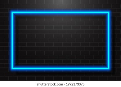 Neon Glowing Rectangle Frame for Banner on Dark Empty Grunge Brick Background