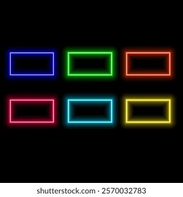 Neon Glowing Rectangle Frame for Banner on Dark Empty Grunge Brick Background.