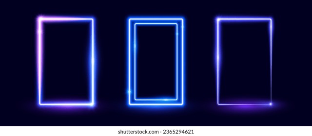 Neon glowing rectangular door set. Blue purple shining rectangle border. Electric light frame collection. Illuminated wide violet design element for banner, poster, collage, cover. Vector illustration