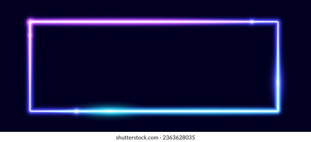 Neon glowing rectangular frame. Blue and purple shining rectangle border. Horizontal electric light sign. Illuminated wide design element for banner, poster, collage. Vector illustration 