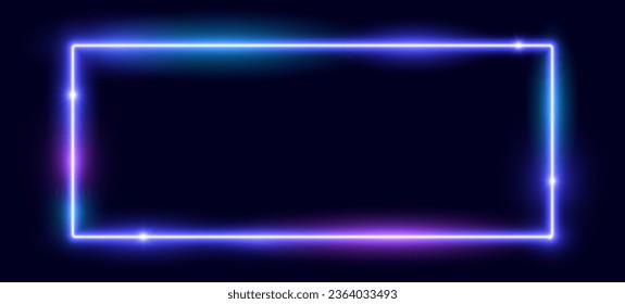 Neon glowing rectangular frame. Blue and purple shining rectangle border. Horizontal electric light sign. Illuminated wide design element for banner, poster, collage, cover. Vector illustration 