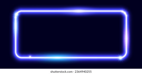 Neon glowing rectangular frame. Blue purple shining rectangle border. Horizontal electric light sign. Illuminated wide violet design element for banner, poster, collage, cover. Vector illustration