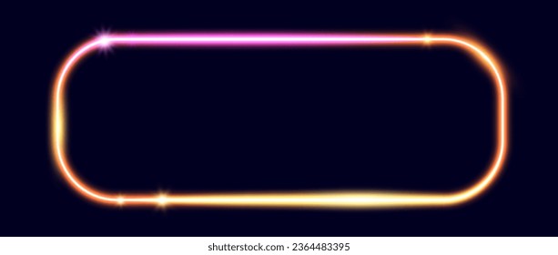 Neon glowing rectangular frame. Yellow and pink shining rectangle border. Horizontal electric light sign. Illuminated wide gold design element for banner, poster, collage, cover. Vector illustration