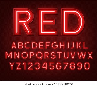 Neon Glowing Red 3d Letters And Numbers On A Dark Background.