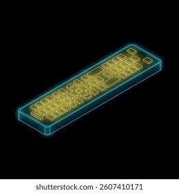 Neon glowing remote control with buttons for changing channels and volume