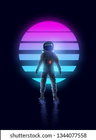 Neon glowing retro Astronaut Spaceman Background Design.