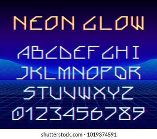 Neon glowing retro game laser font or a typeset with letters and digits for 80s styled party poster or banner