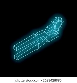 Neon glowing riveting pliers with rotating head on black background, isometric view