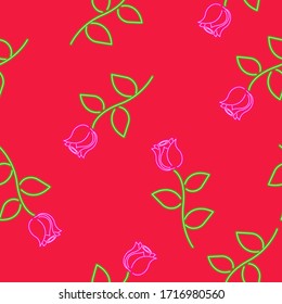 Neon glowing roses of red and green colors. Seamless pattern. Red background.