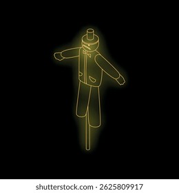 Neon glowing scarecrow standing with open arms on a black background