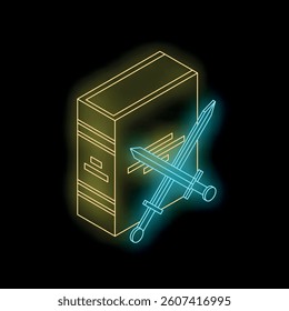 Neon glowing server icon with crossed swords protecting data on black background