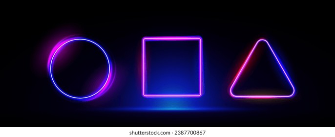 Neon glowing shapes circle, square, triangle. Popular game symbols. Wide gaming background.   

 