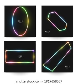 Neon glowing shapes on black background. Minimal composition in futuristic colorful style. Set modern concept art for branding greeting card, banner, cover, flyer or poster. Vector illustration.