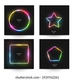 Neon Glowing Shapes On Black Background. Minimal Composition In Futuristic Colorful Style. Set Modern Concept Art For Branding Greeting Card, Banner, Cover, Flyer Or Poster. Vector Illustration.