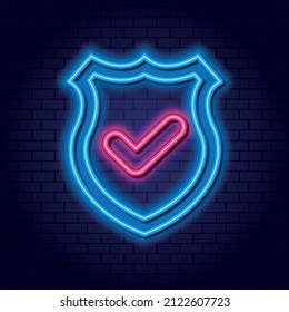 Neonleuchtendes Schild mit Genehmigungszeichen. Retro-Lichtschutzzeichen auf dunklem Hintergrund