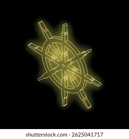 Neon glowing ship steering wheel is shining on black background