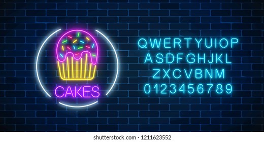 Neon glowing sign of cake with glaze in circle frame with alphabet on a dark brick wall background. Fastfood light billboard symbol. Cafe menu item. Vector illustration.