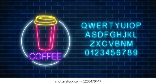 Neon glowing sign of coffee cup in circle frame with alphabet on a dark brick wall background. Fastfood light billboard sign. Cafe menu item. Vector illustration.