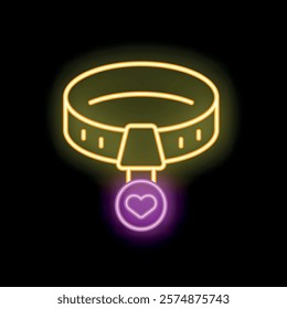 Neon glowing sign of a dog or pet collar with a heart shaped tag, perfect for animal lovers