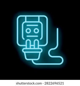 Neon glowing sign of electrical plug and socket is shining on a black brick wall
