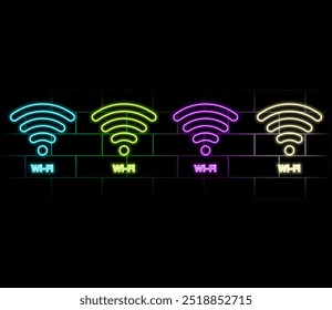 Neon glowing sign with free wifi network access on black background. Computer graphics of electric luminous billboard, banner from purple yellow neon tubes. Neon signboard of zone hotspot internet.
