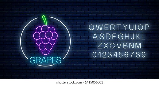 Neon glowing sign of grapes with bunch of grape in circle frame with alphabet on dark brick wall background. Bunch of grapes in round border. Vector illustration.