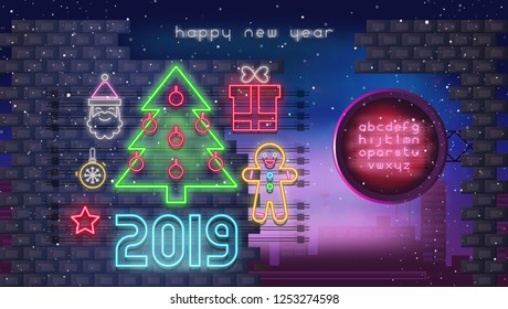 Neon Glowing Sign with Happy New Year Neon Set. Retro Bright Signboard, Light Banner of Christmas Design on Destroyed Brick Wall Background. Night Snow Town. Fluorescent Alphabet. Vector Illustration.