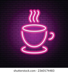 Neon glowing sign of hot coffee cup on a dark brick wall background. Fastfood light billboard sign. Cafe menu item. Vector illustration