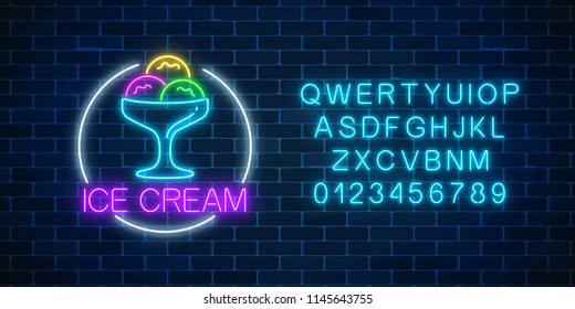 Neon glowing sign of icecream in circle frame and alphabet on a dark brick wall background. Gelato balls in bowl. Fastfood light billboard symbol. Cafe menu item. Vector illustration.