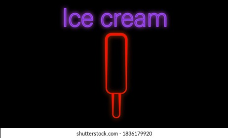 Neon glowing sign of icecream with glaze in circle frame on a dark brick wall background. Ice-cream in waffle cone. Fastfood light billboard symbol. Cafe menu item. Vector illustration.