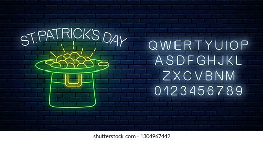 Neon glowing sign of leprechaun hat with gold with alphabet on a dark brick wall background. Green hat with treasure as Ireland national holiday symbol. Vector illustration.