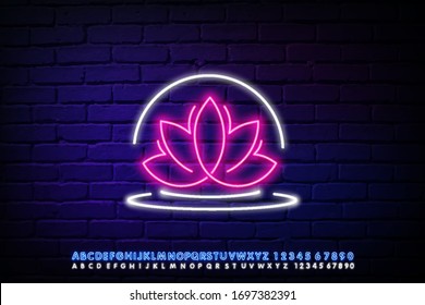 Neon glowing sign of lotus yoga club in circle frame on dark brick wall background. Street lights signboard of chinese gymnastics. Vector illustration.