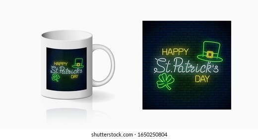 Neon glowing sign of st. Patrick day with leprechaun hat and clover leaf print for cup design. Happy saint Patrick day greeting design in neon style mug mockup. Vector. Green shamrock as Irish symbol